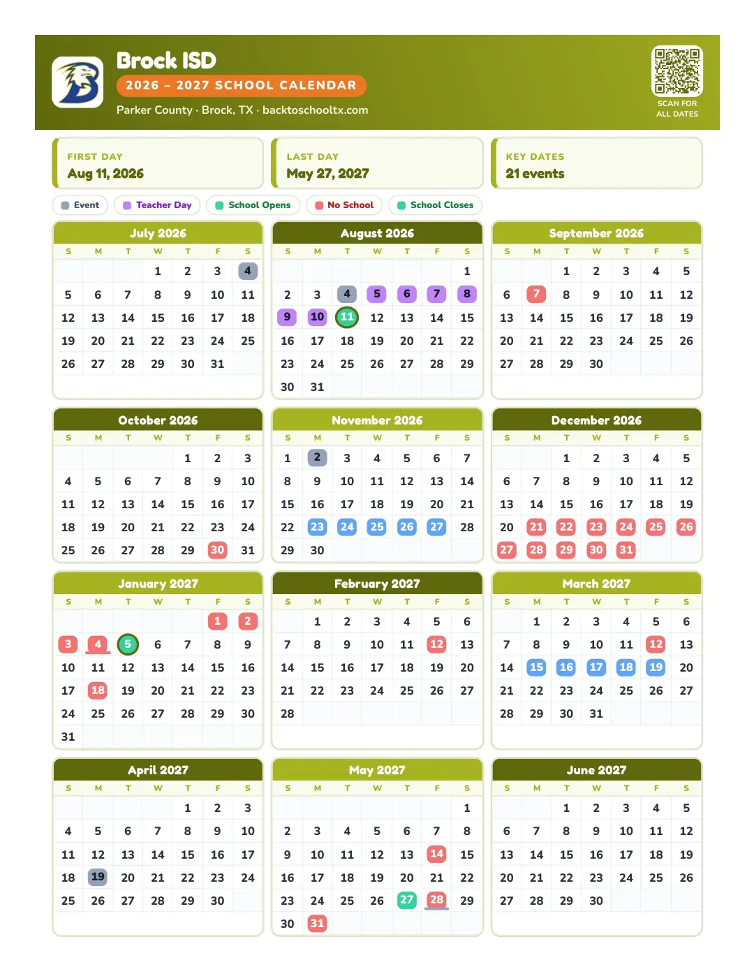 Brock ISD Calendar for the Year 26-27