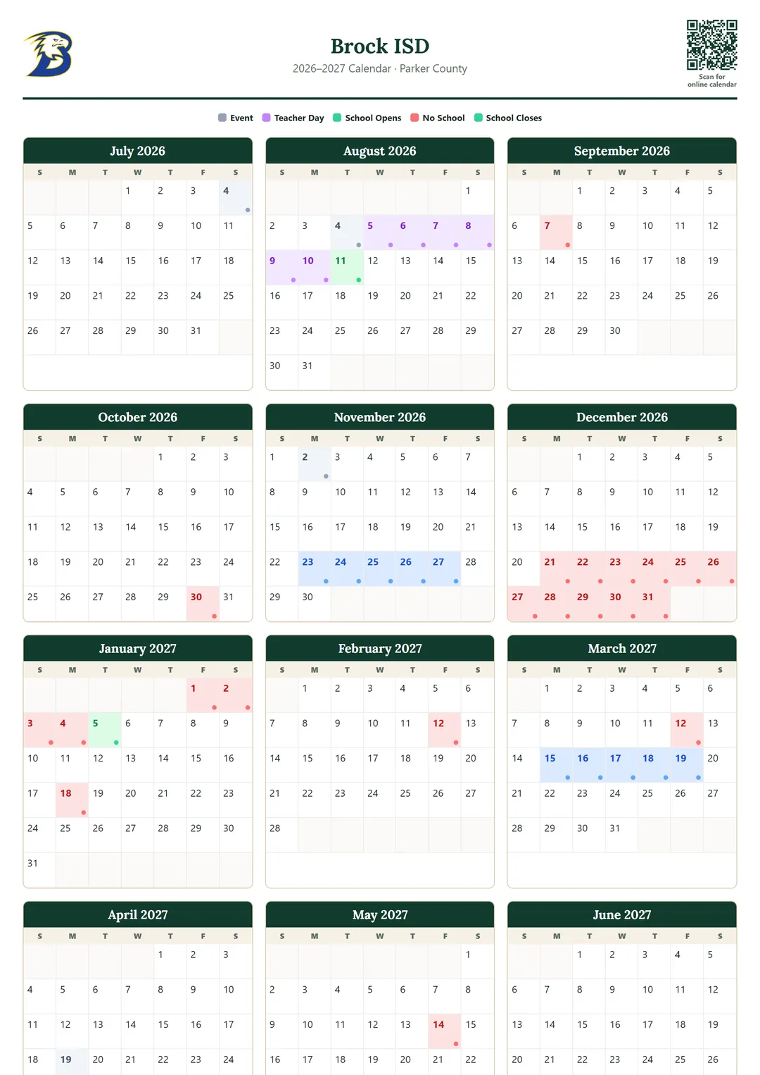 Brock ISD printable 2026–2027 calendar