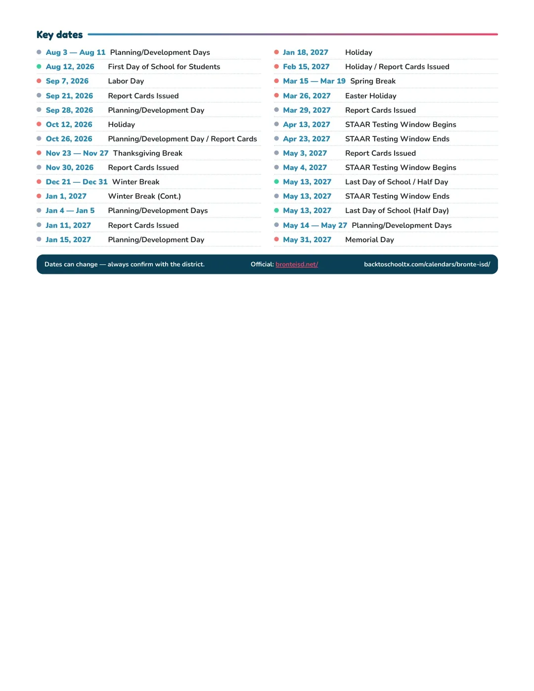 Bronte ISD Calendar for the Year 26-27 — key dates