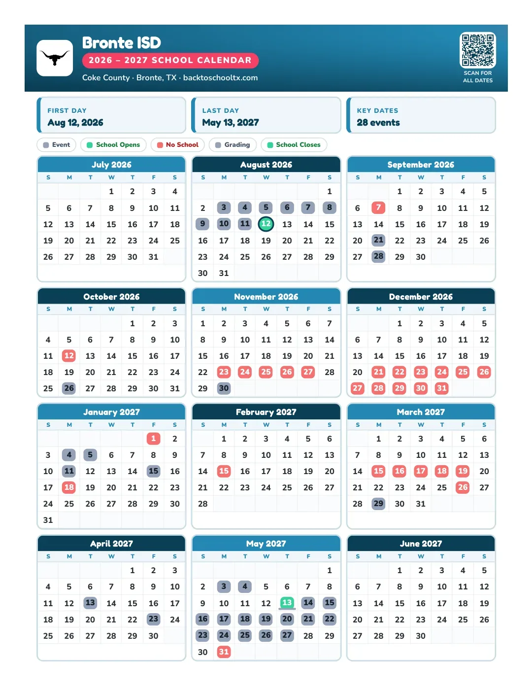 Bronte ISD Calendar for the Year 26-27