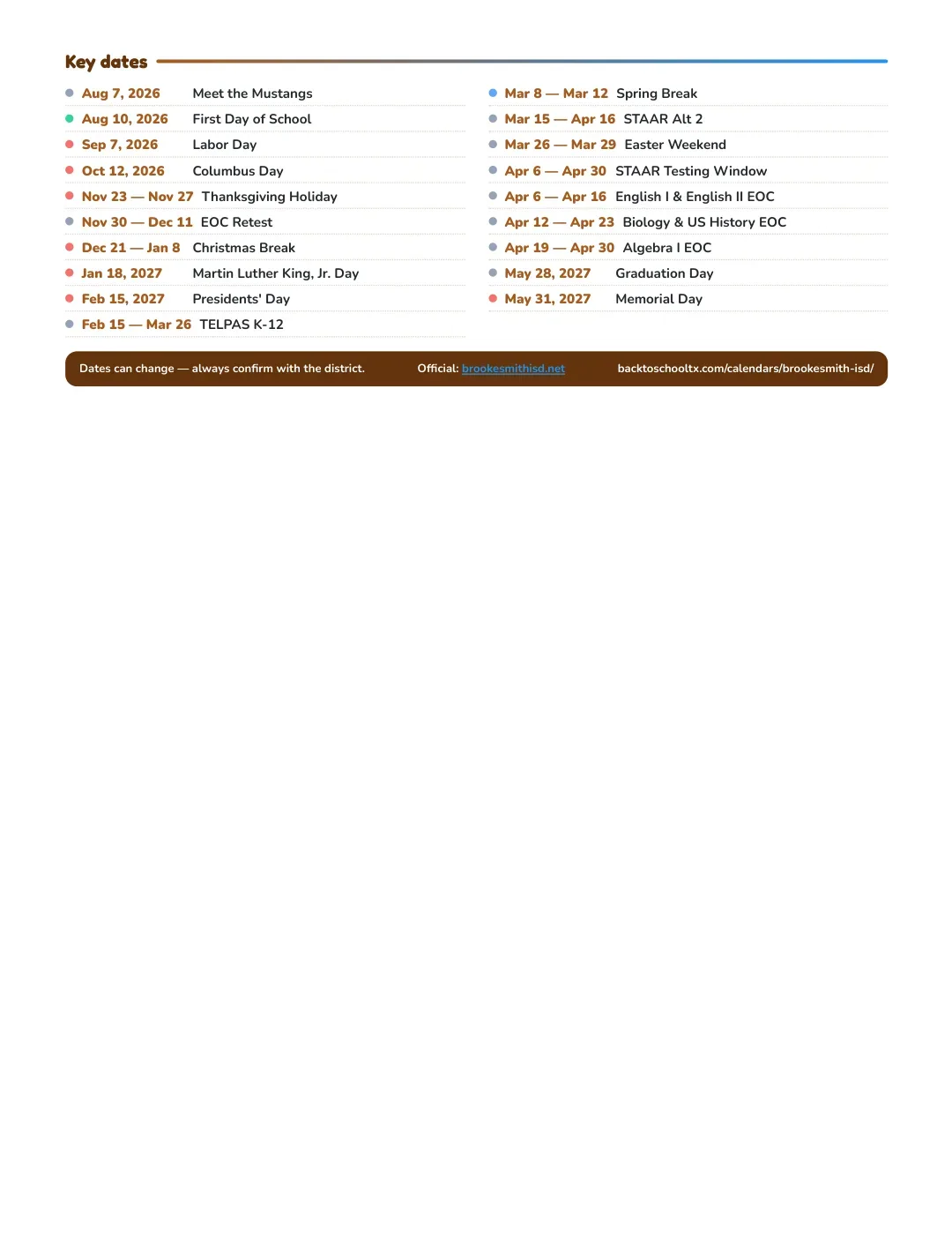 Brookesmith ISD Calendar for the Year 26-27 — key dates