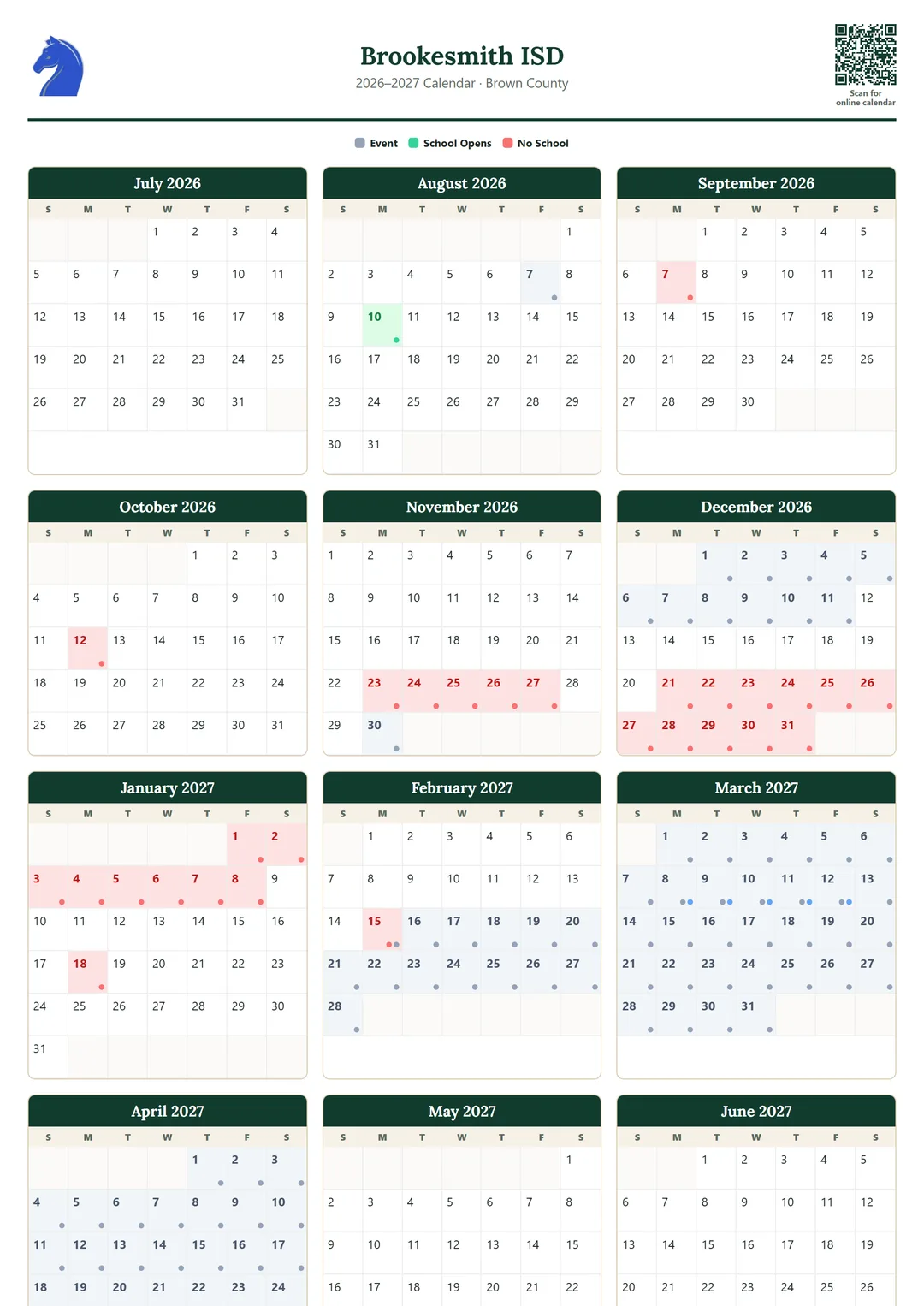 Brookesmith ISD printable 2026–2027 calendar