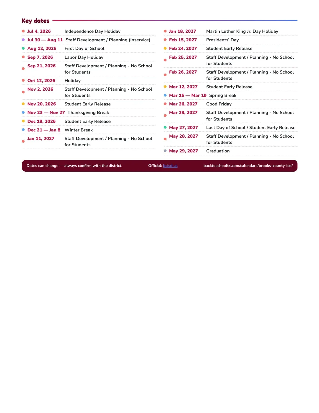 Brooks County ISD Calendar for the Year 26-27 — key dates