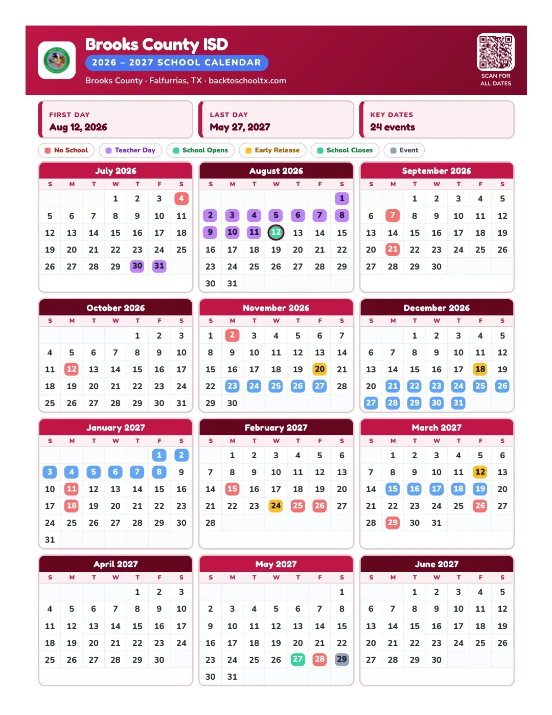 Brooks County ISD Calendar for the Year 26-27