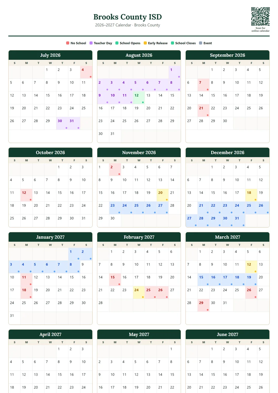 Brooks County ISD printable 2026–2027 calendar