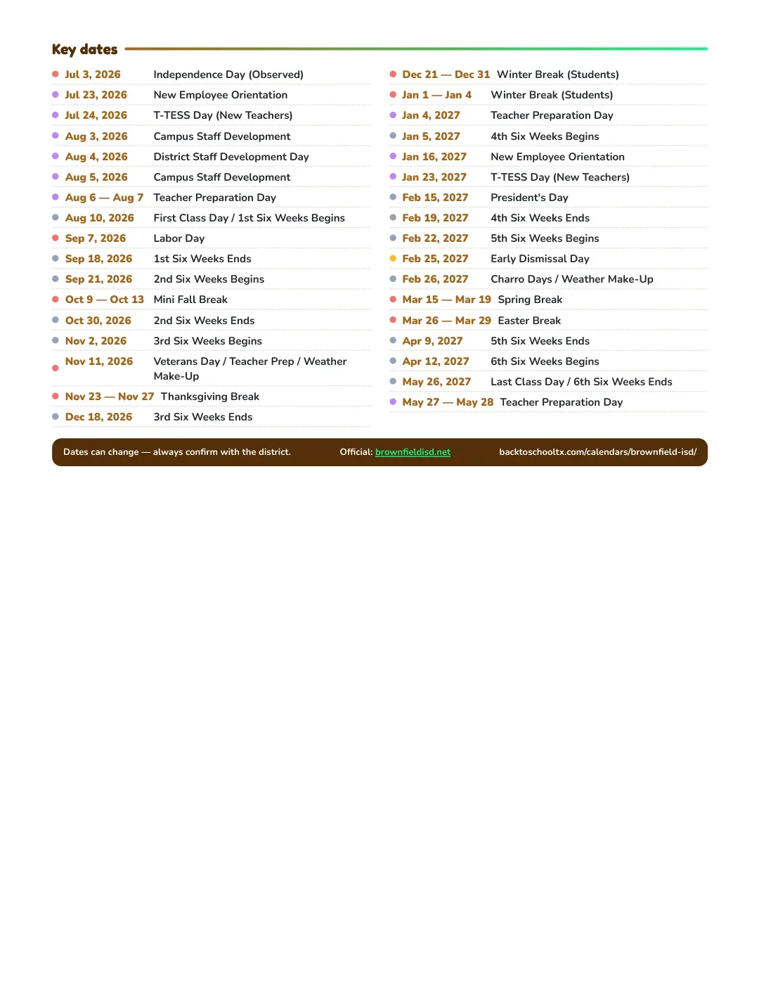Brownfield ISD Calendar for the Year 26-27 — key dates