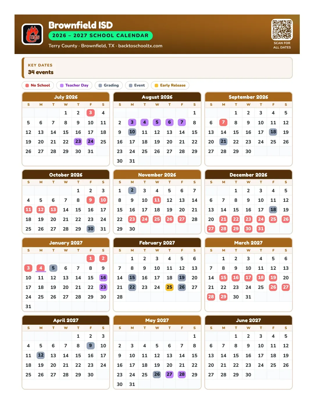 Brownfield ISD Calendar for the Year 26-27
