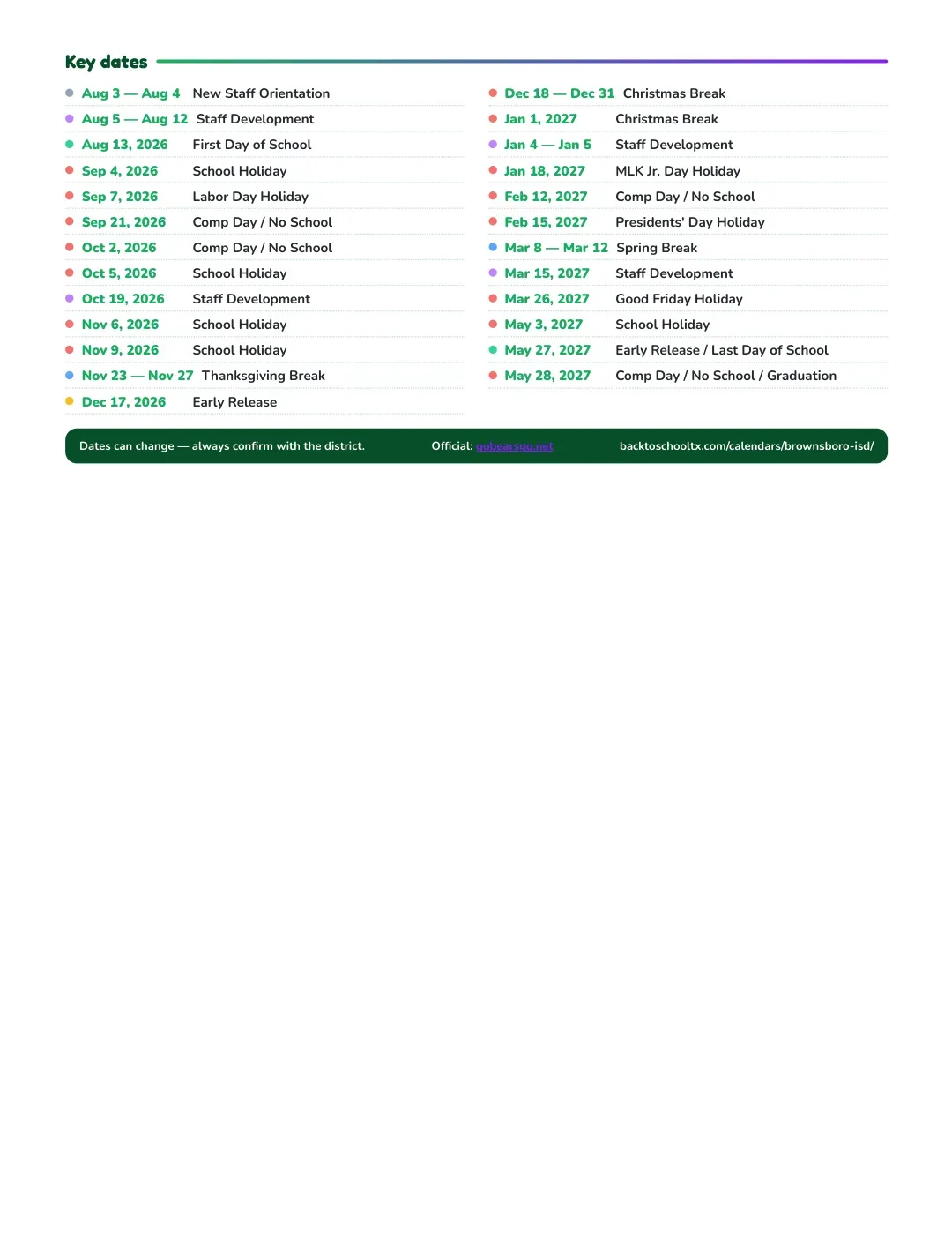 Brownsboro ISD Calendar for the Year 26-27 — key dates