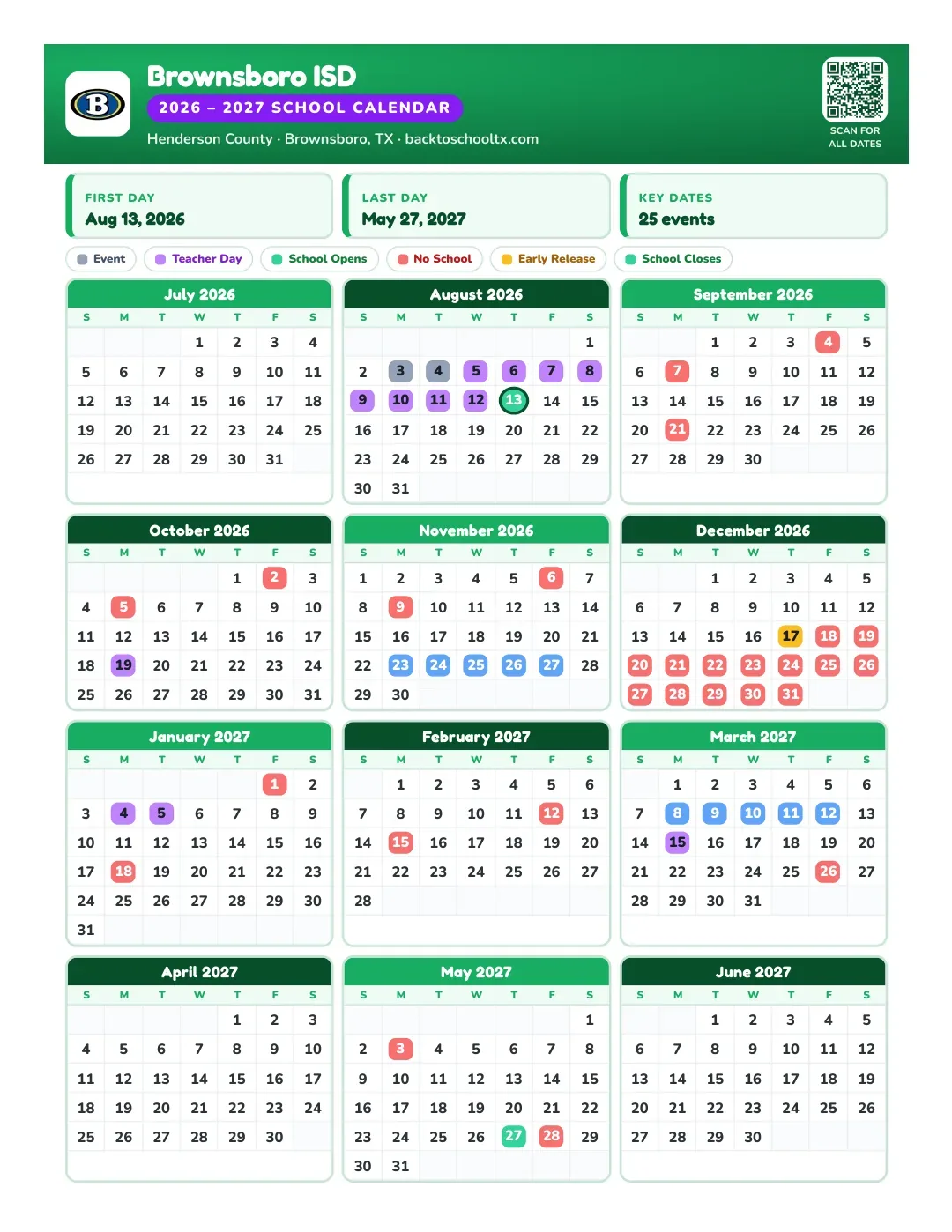 Brownsboro ISD Calendar for the Year 26-27