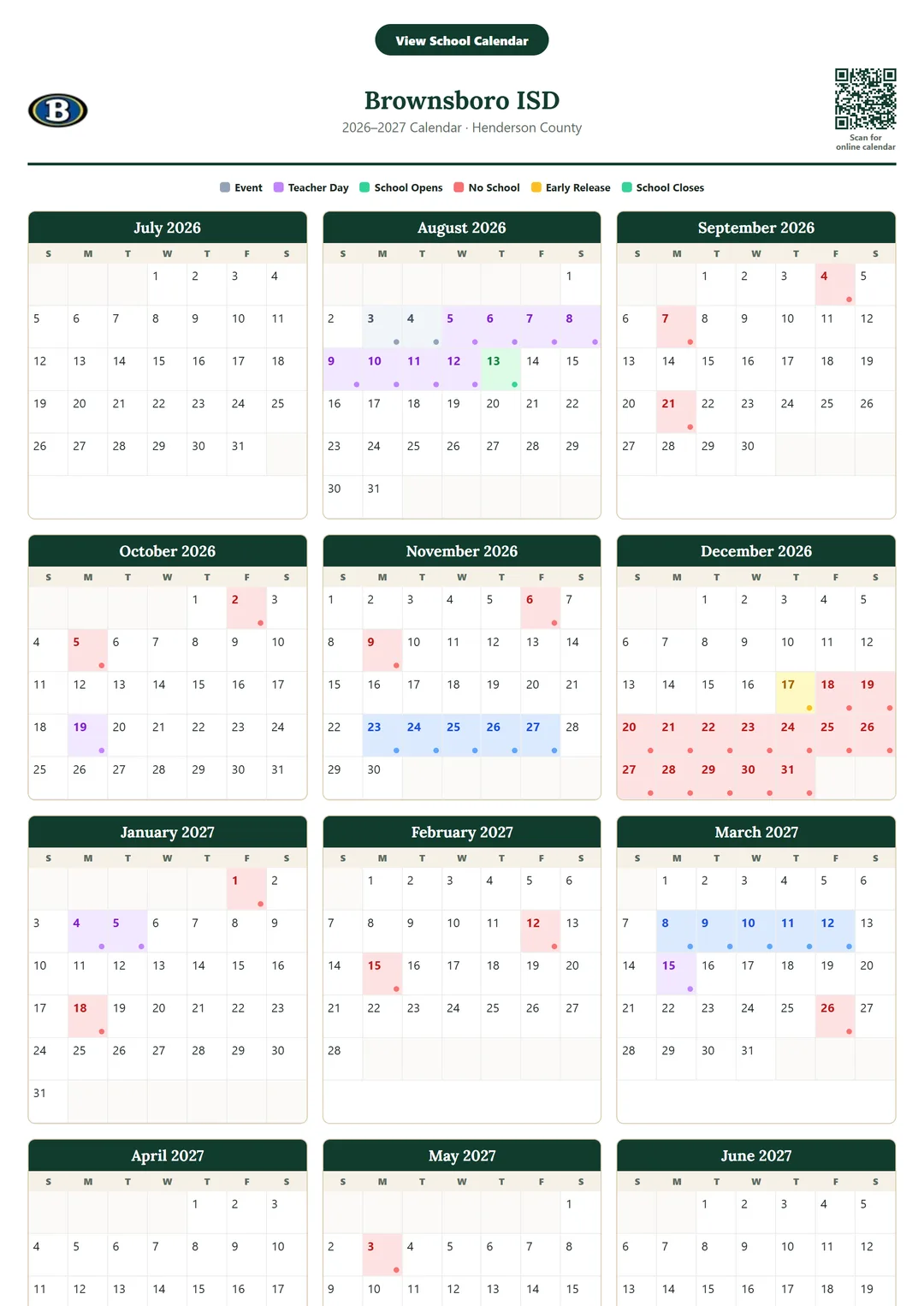 Brownsboro ISD printable 2026–2027 calendar