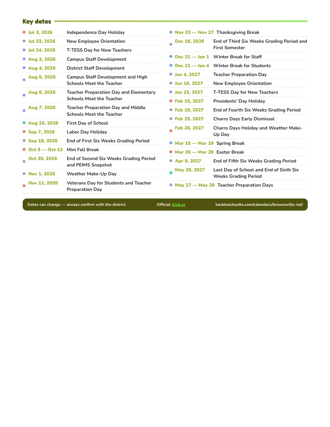 Brownsville ISD Calendar for the Year 26-27 — key dates