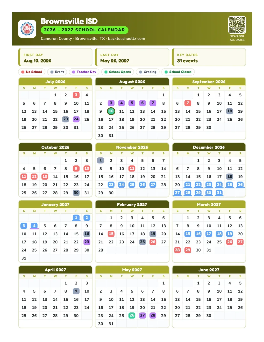 Brownsville ISD Calendar for the Year 26-27