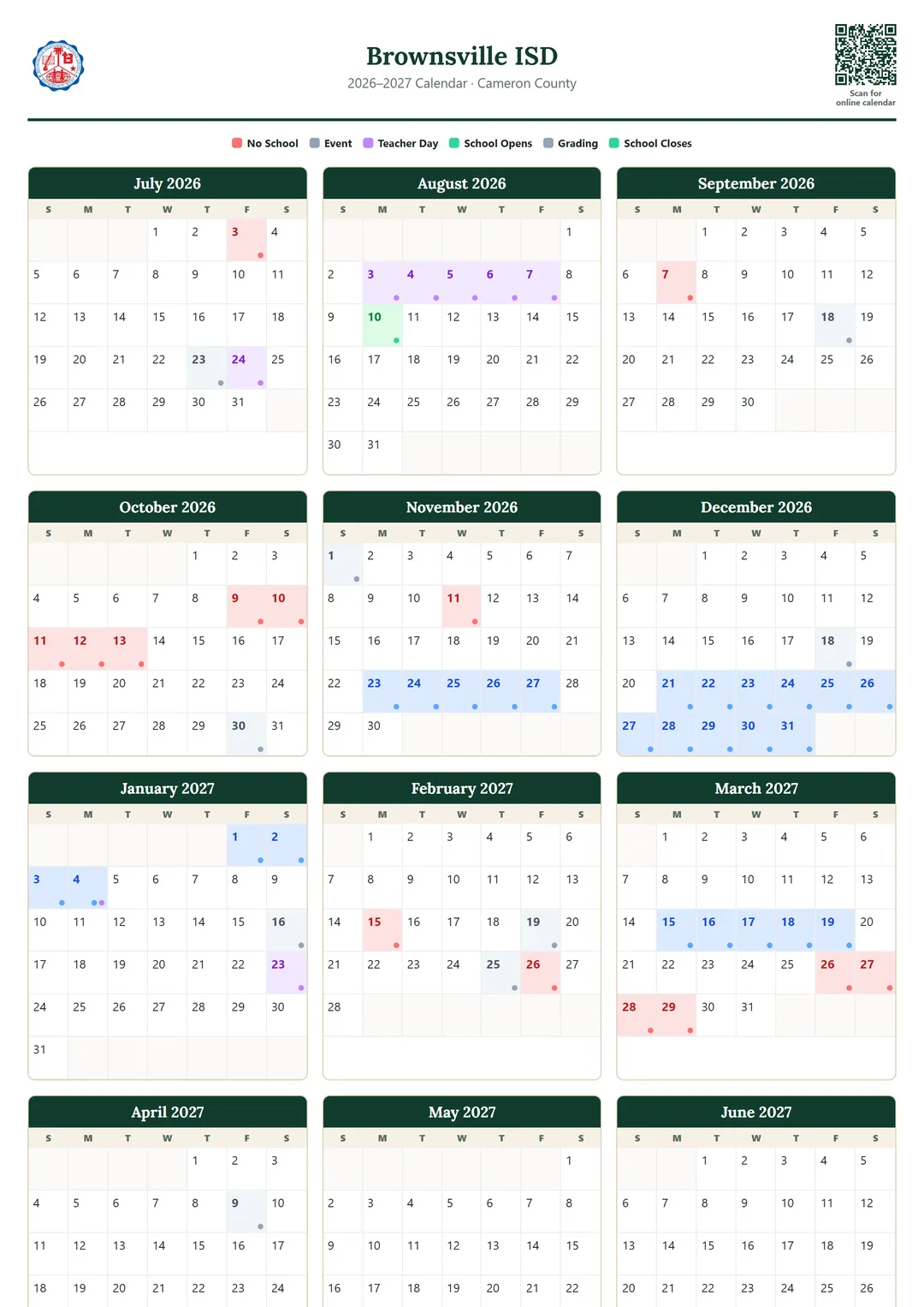 Brownsville ISD printable 2026–2027 calendar