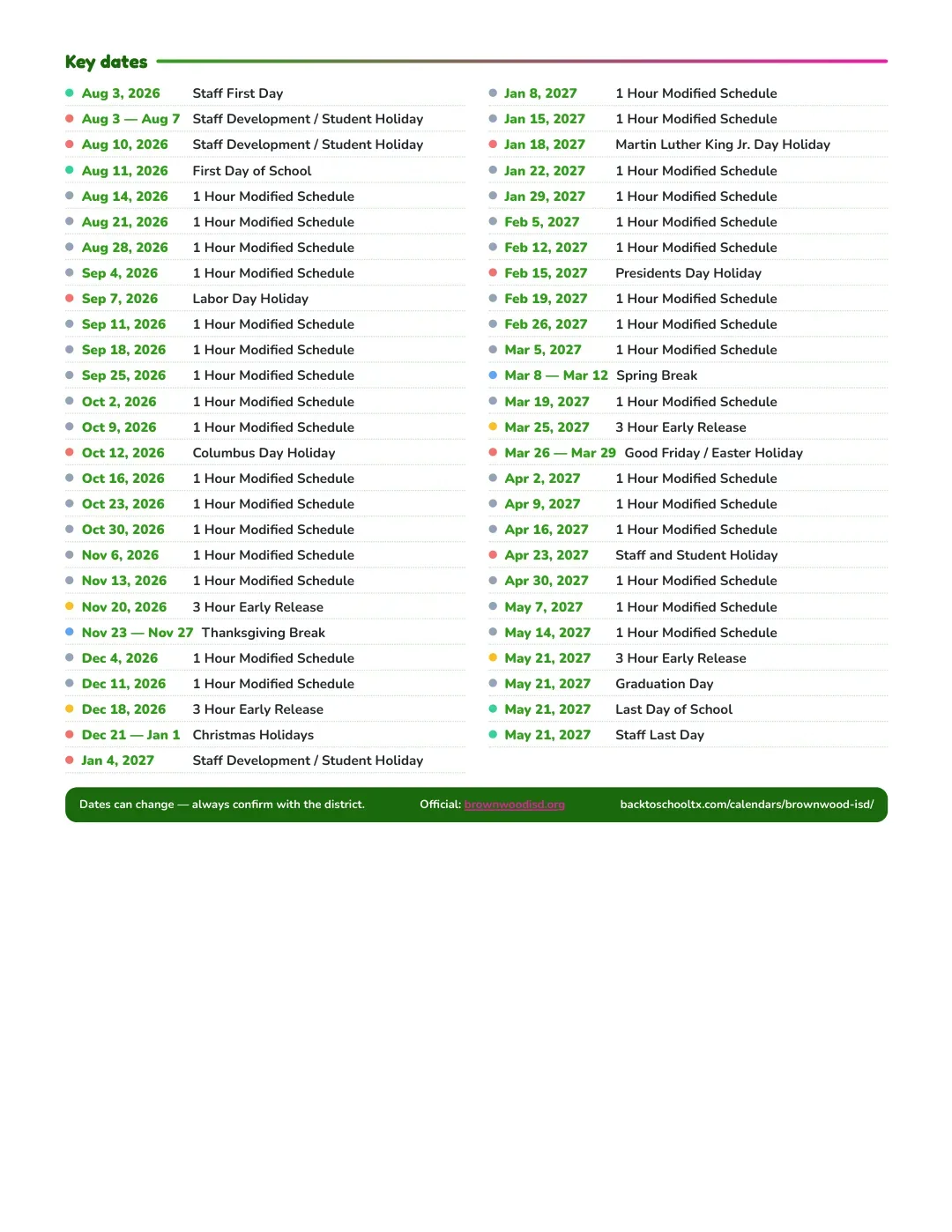 Brownwood ISD Calendar for the Year 26-27 — key dates
