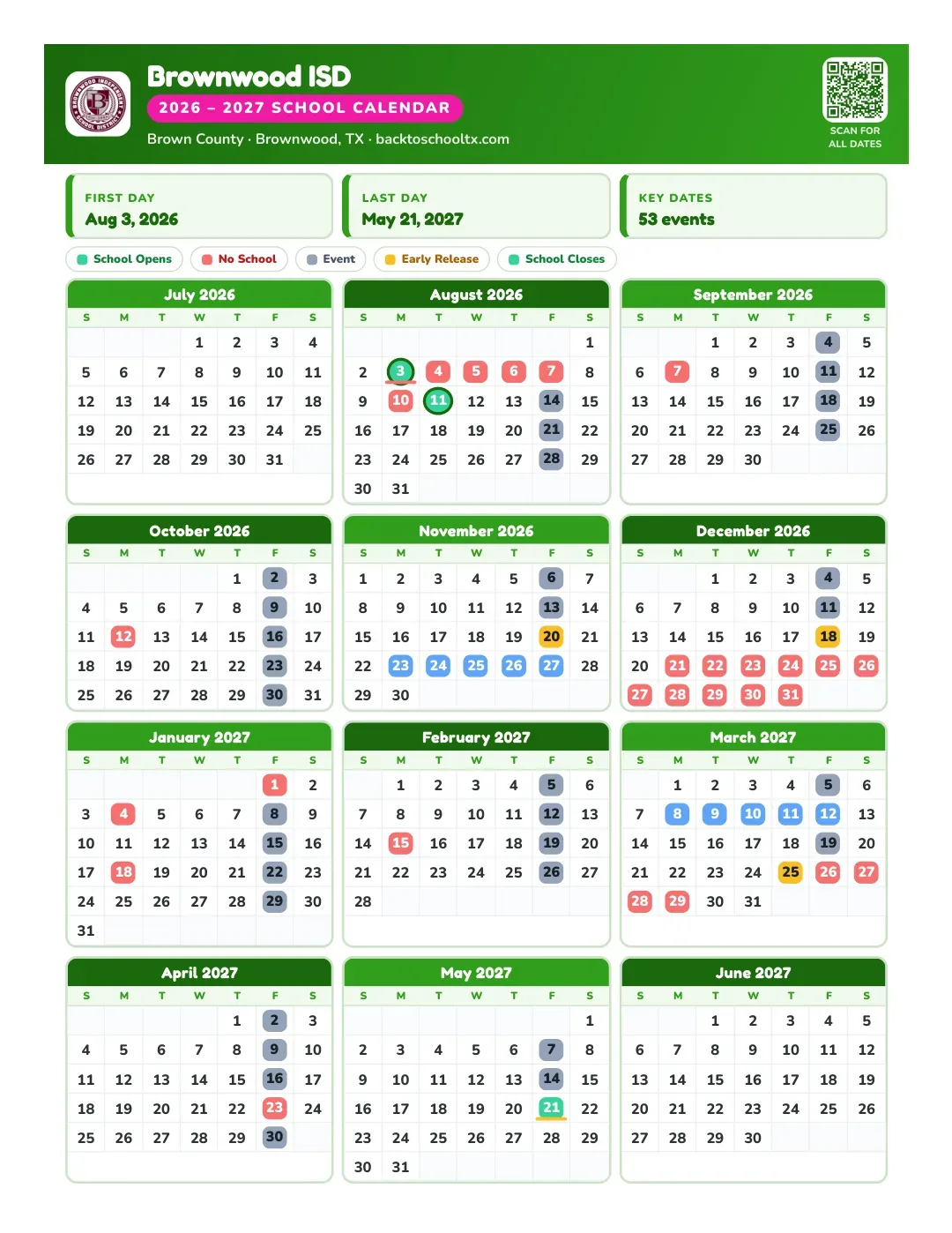 Brownwood ISD Calendar for the Year 26-27