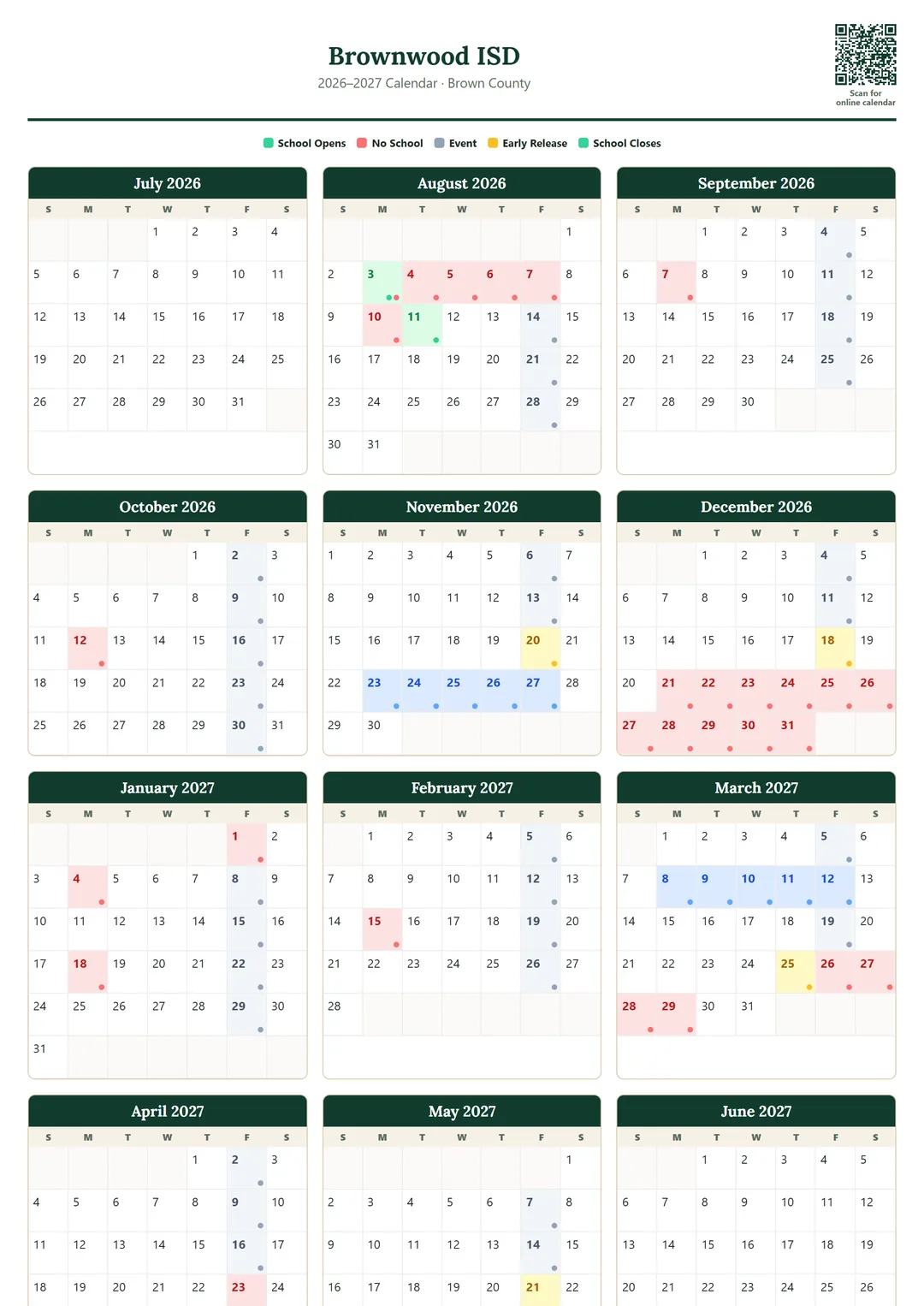 Brownwood ISD printable 2026–2027 calendar