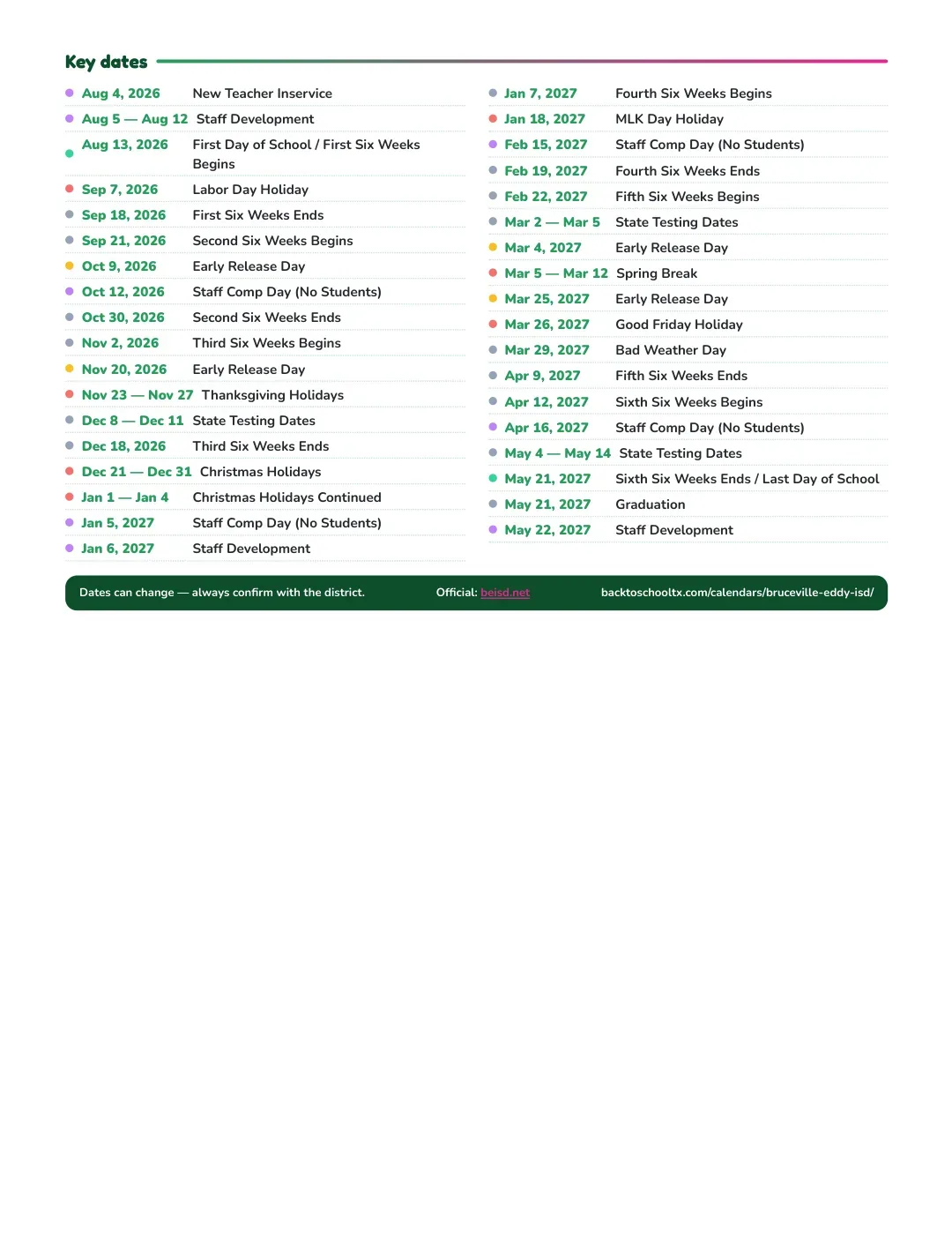 Bruceville-eddy ISD Calendar for the Year 26-27 — key dates