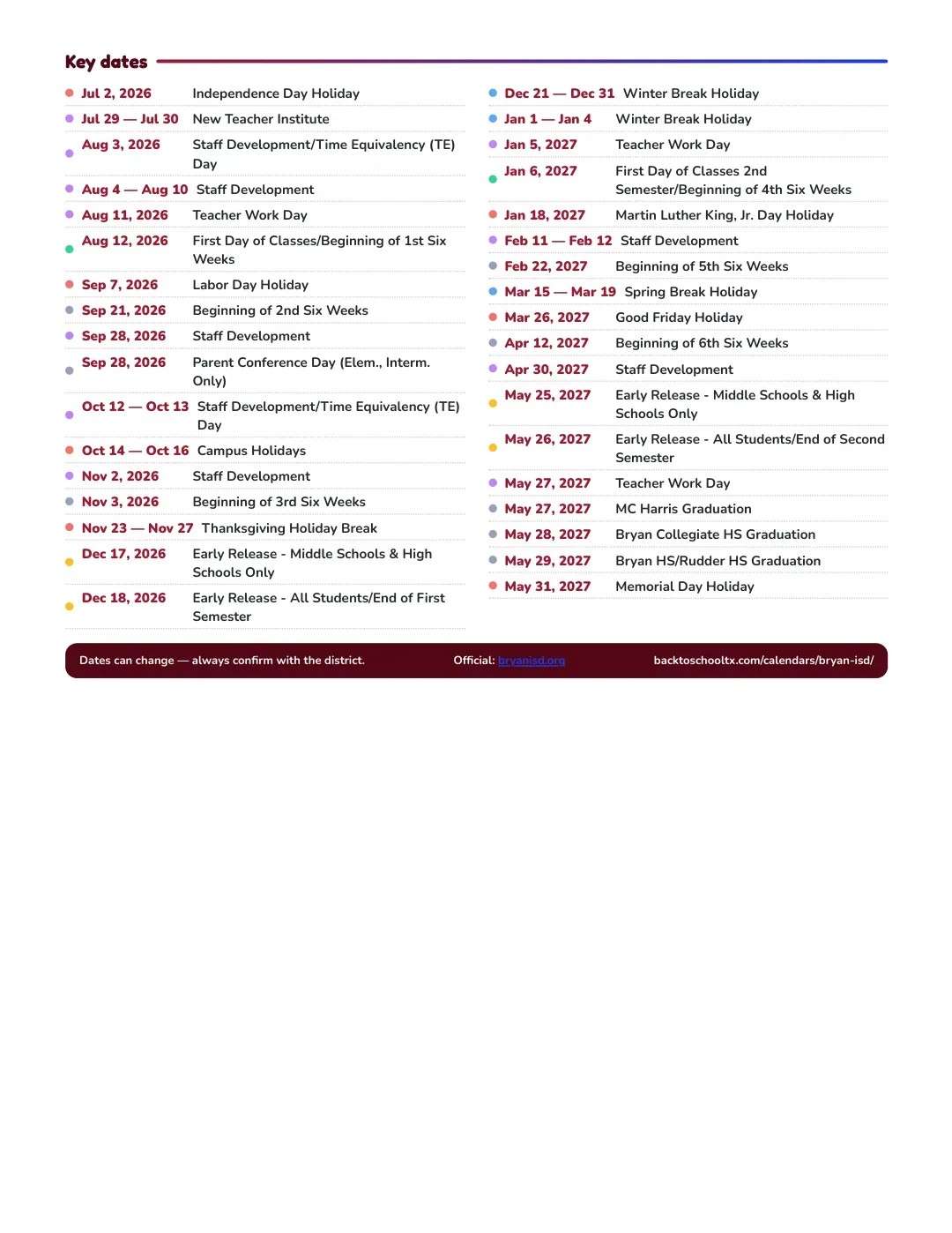 Bryan ISD Calendar for the Year 26-27 — key dates