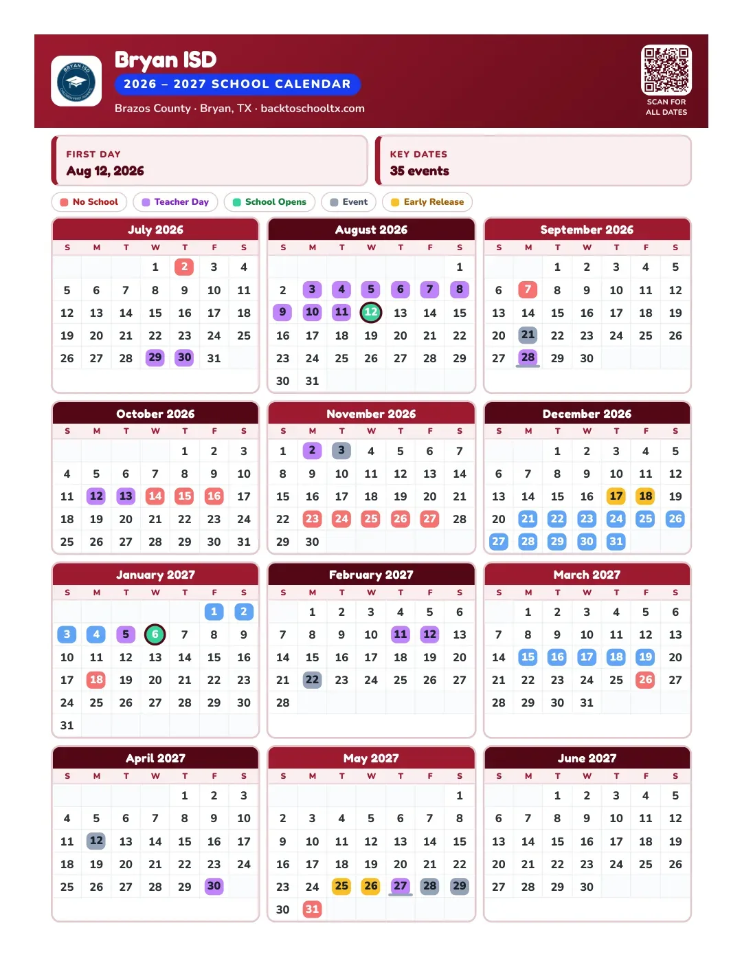 Bryan ISD Calendar for the Year 26-27
