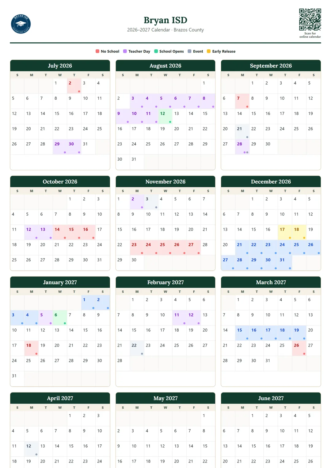 Bryan ISD printable 2026–2027 calendar