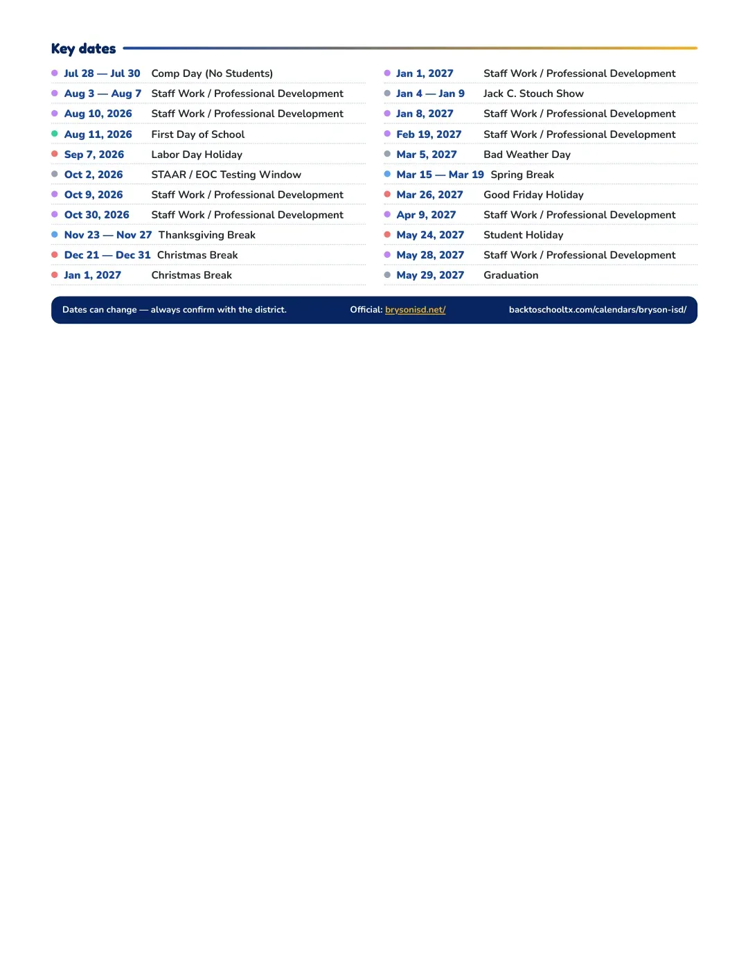 Bryson ISD Calendar for the Year 26-27 — key dates