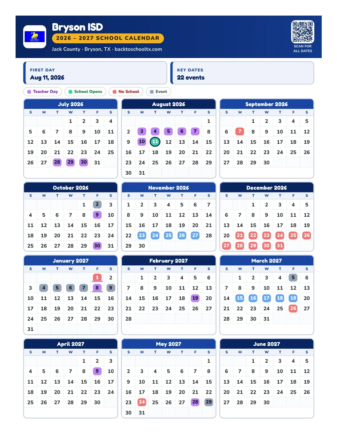 Bryson ISD Calendar for the Year 26-27