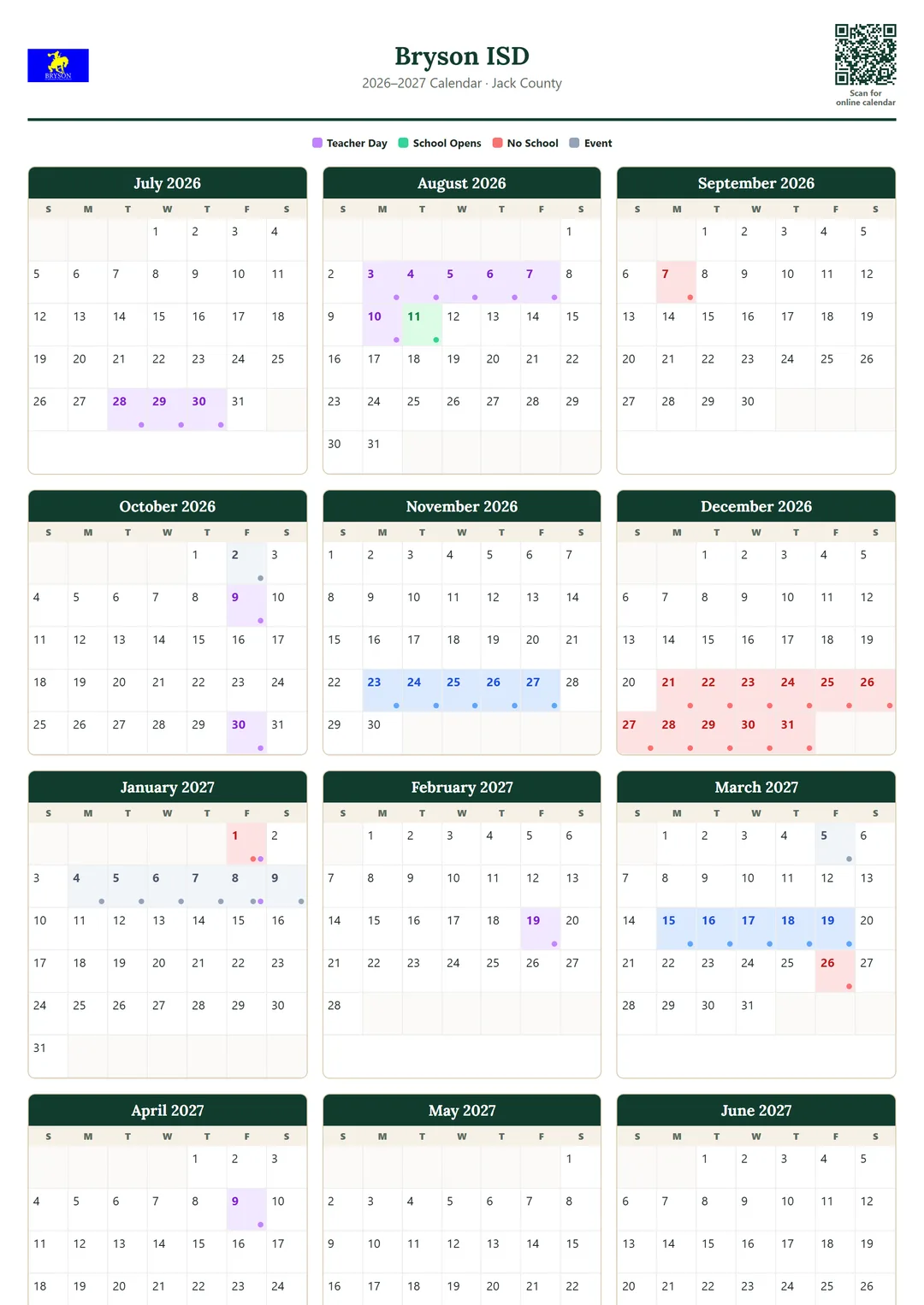 Bryson ISD printable 2026–2027 calendar