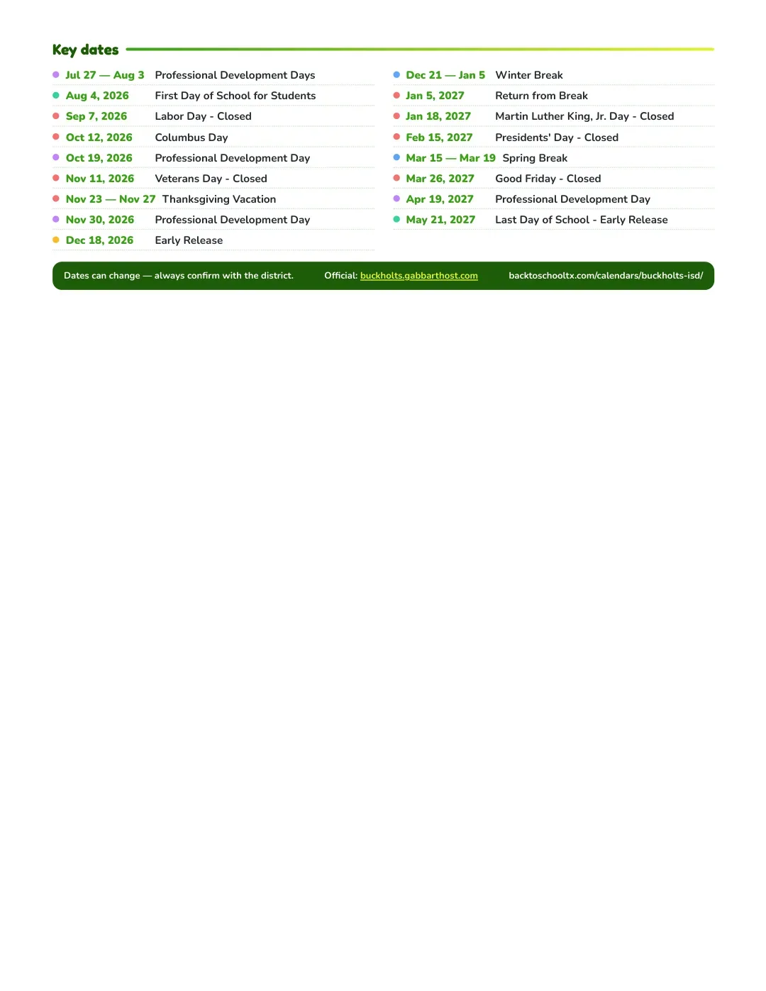 Buckholts ISD Calendar for the Year 26-27 — key dates