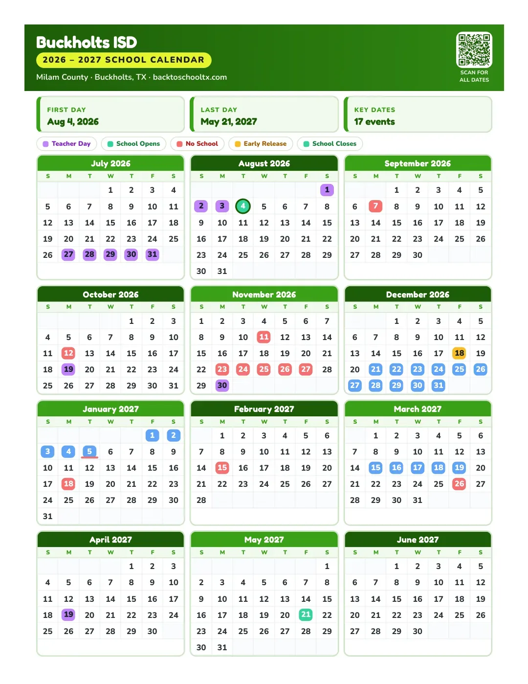 Buckholts ISD Calendar for the Year 26-27