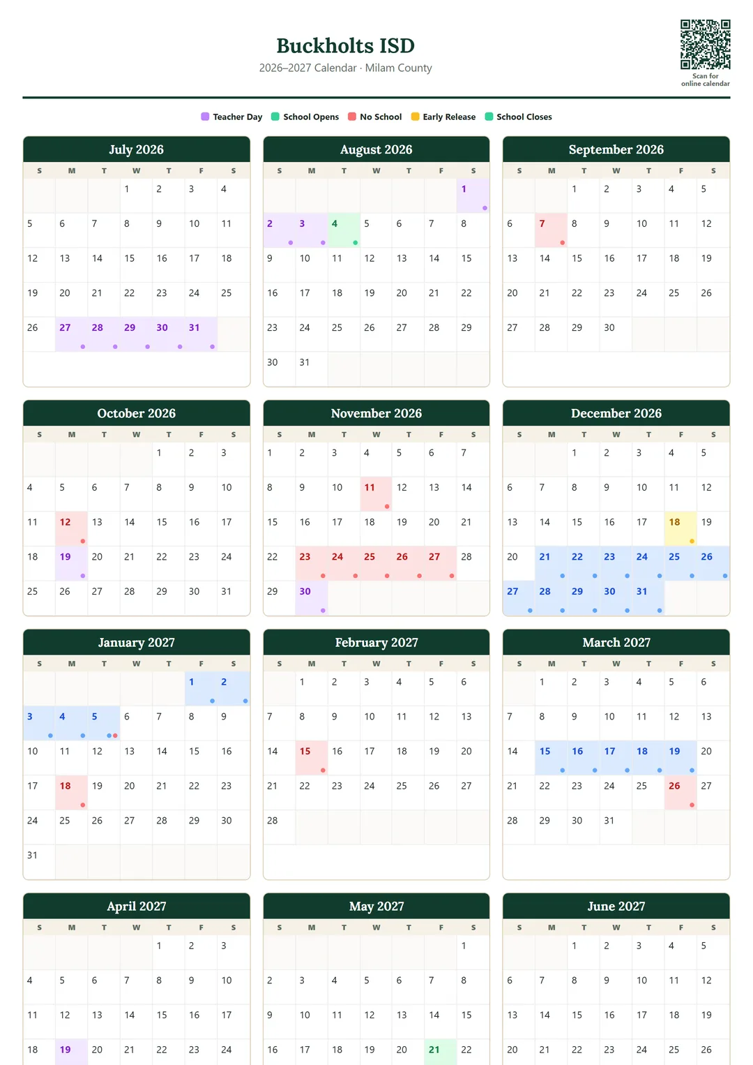 Buckholts ISD printable 2026–2027 calendar