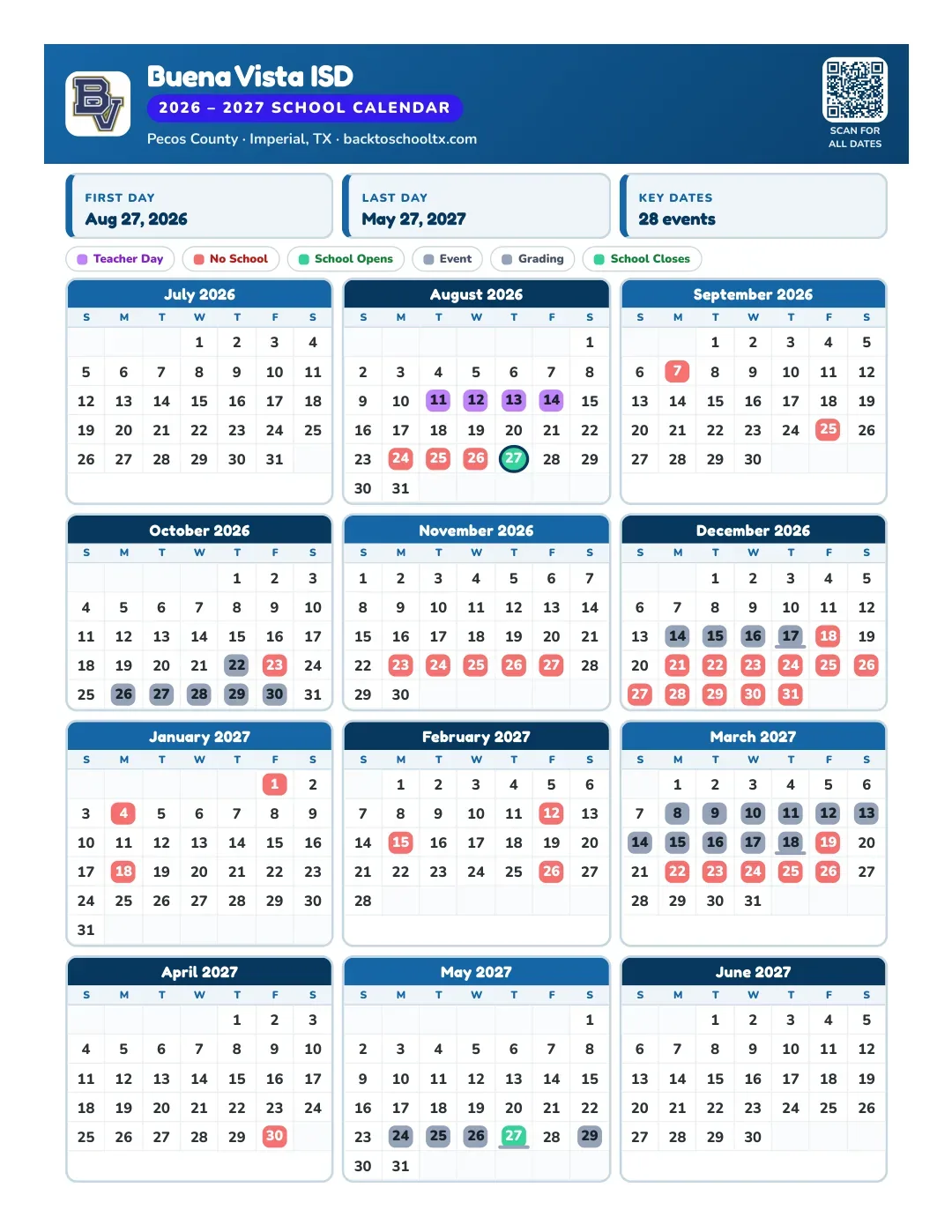 Buena Vista ISD Calendar for the Year 26-27