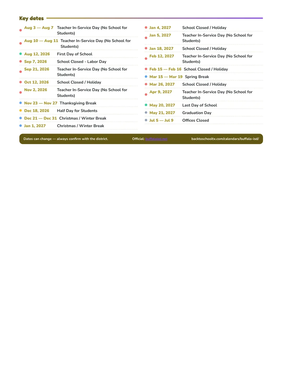 Buffalo ISD Calendar for the Year 26-27 — key dates