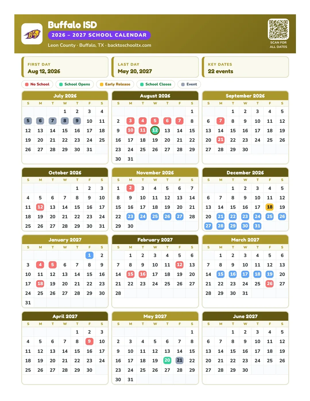 Buffalo ISD Calendar for the Year 26-27