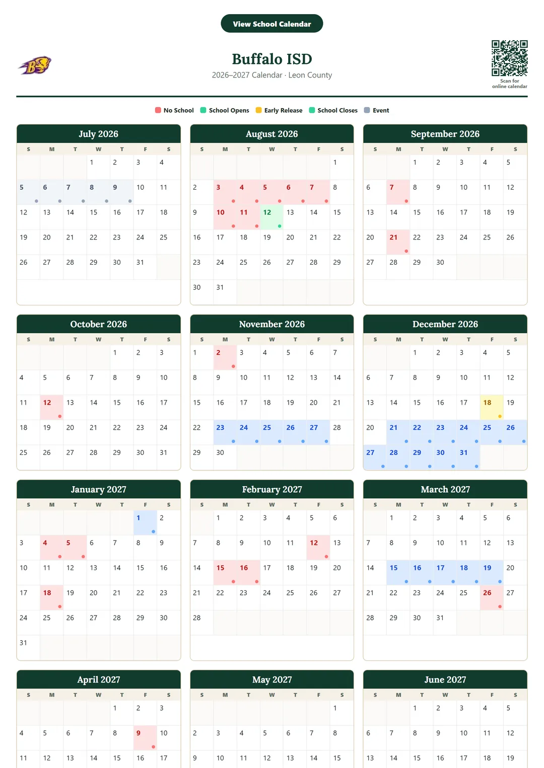 Buffalo ISD printable 2026–2027 calendar