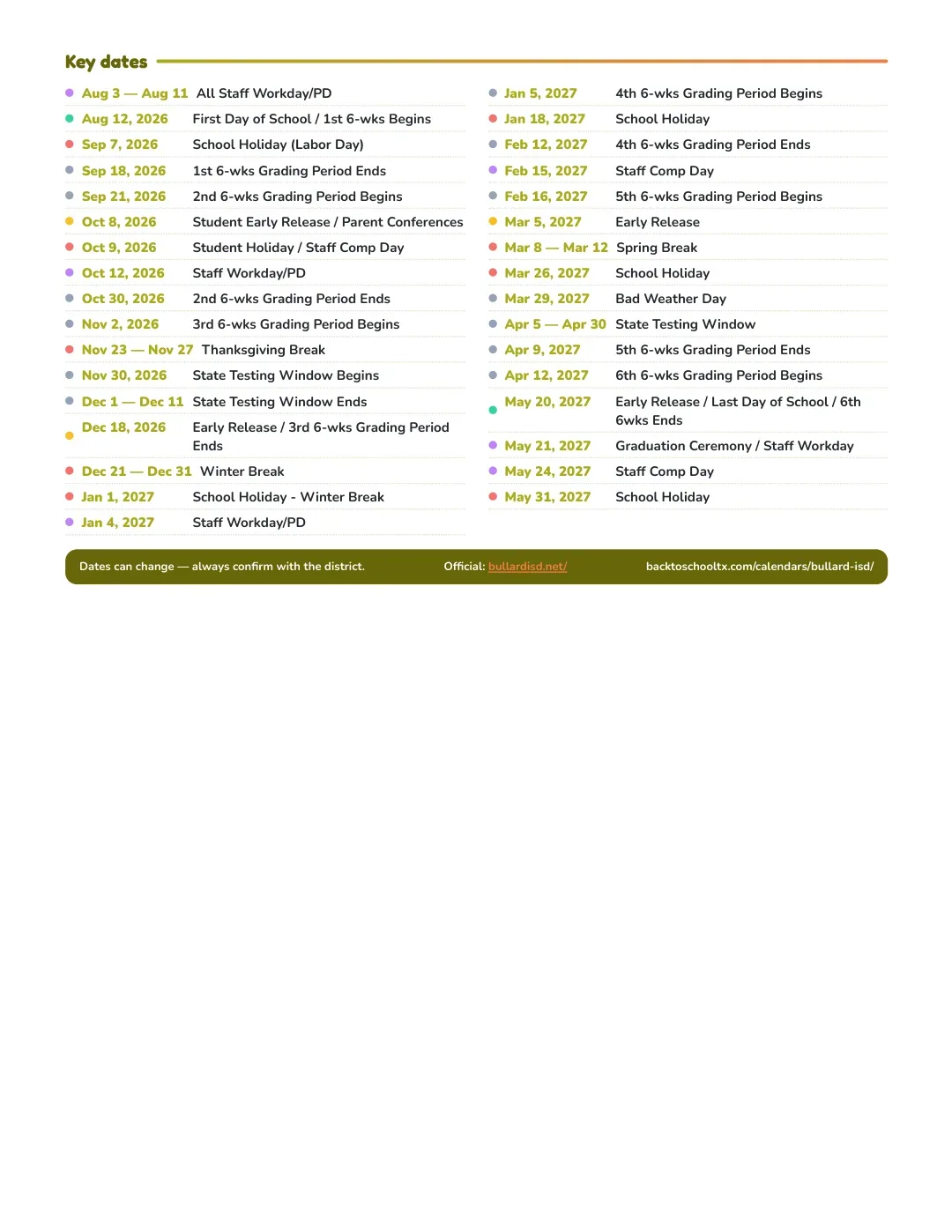 Bullard ISD Calendar for the Year 26-27 — key dates
