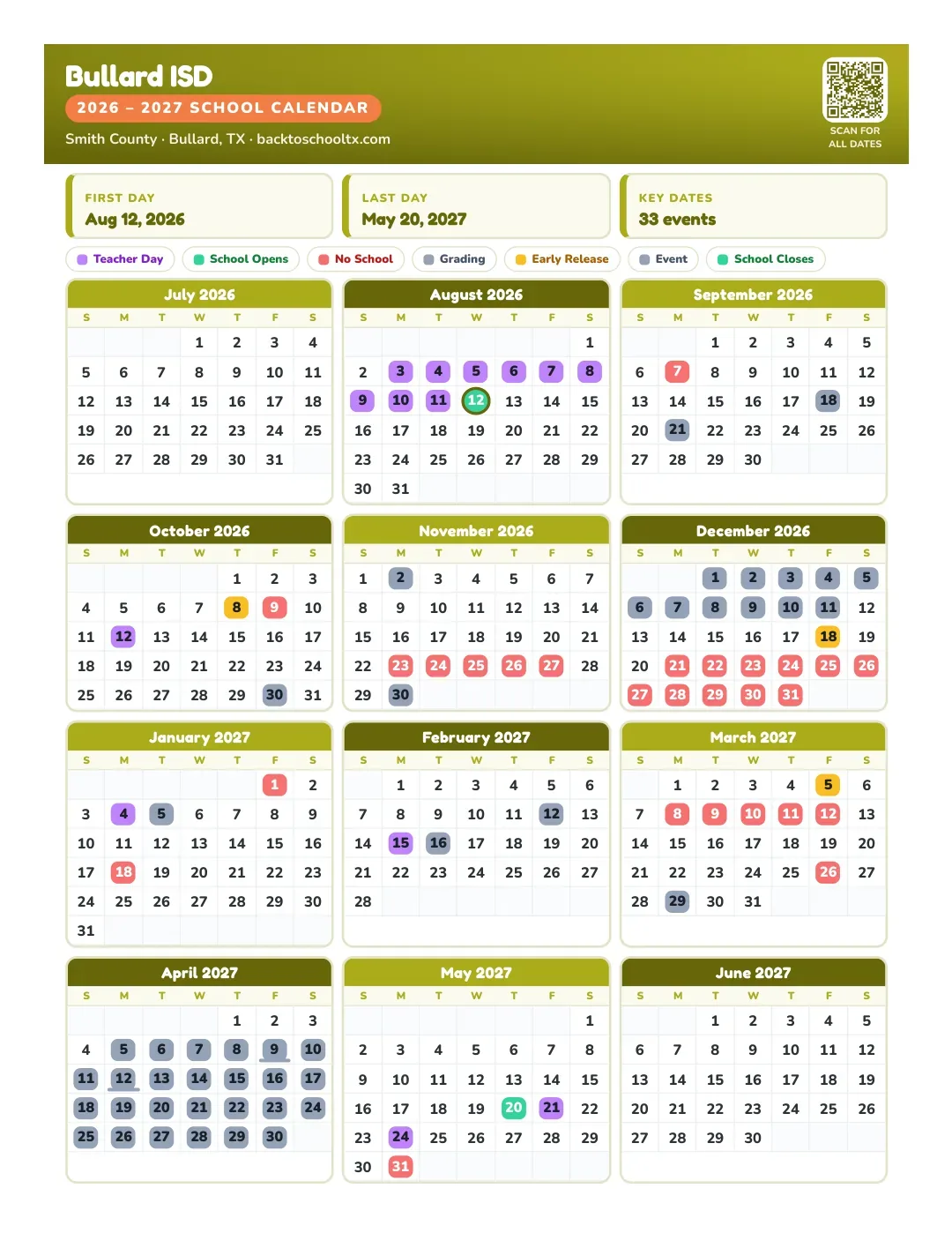 Bullard ISD Calendar for the Year 26-27