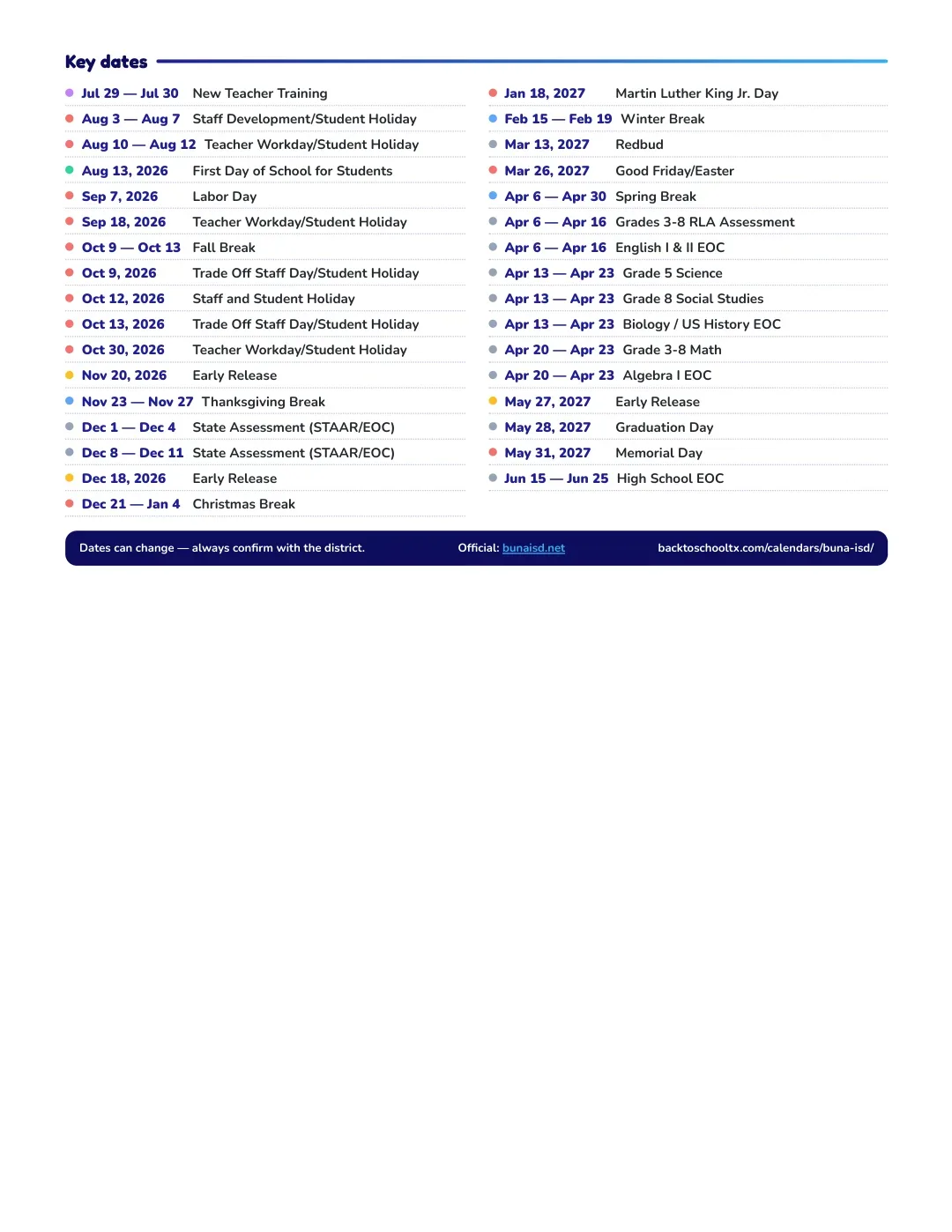 Buna ISD Calendar for the Year 26-27 — key dates