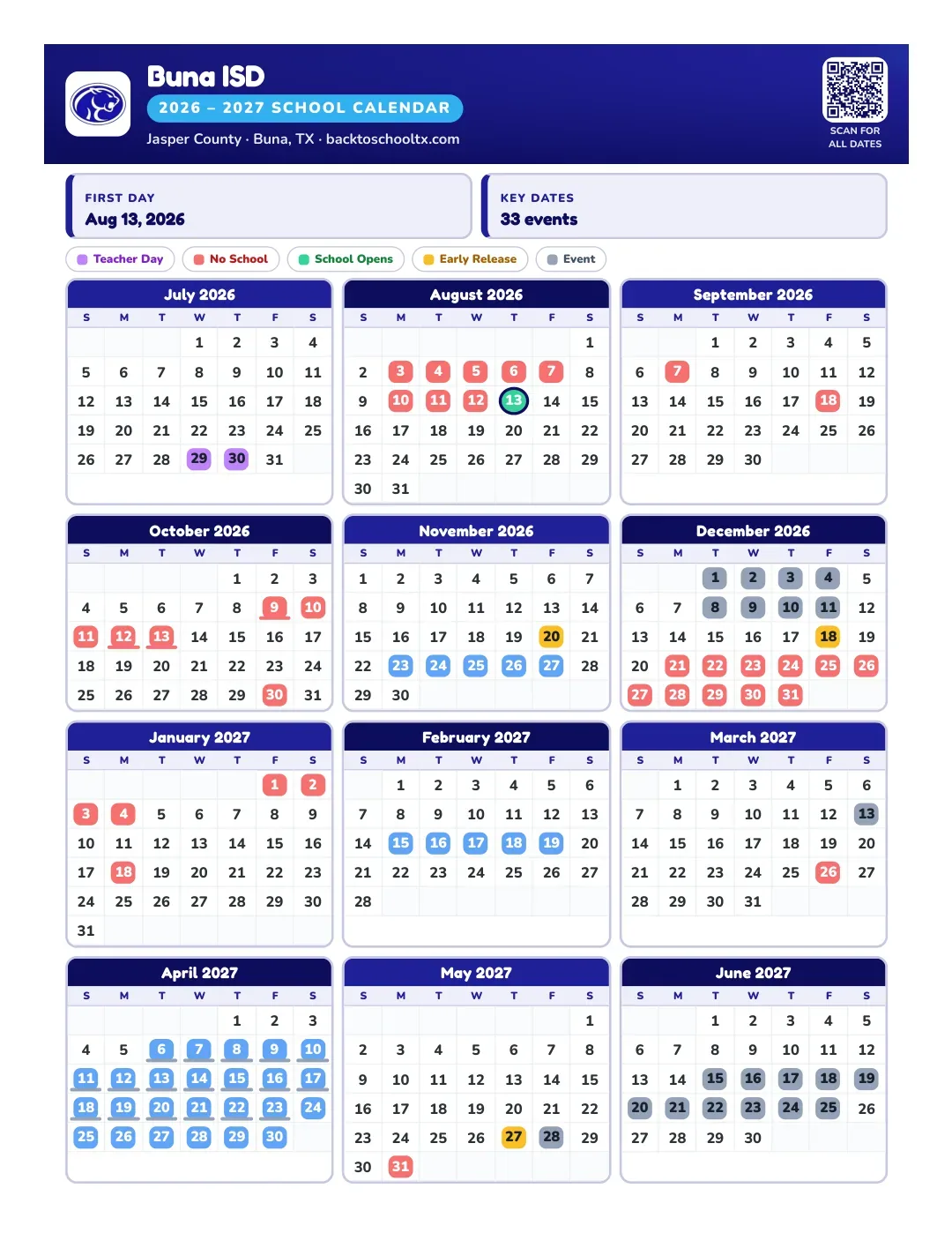 Buna ISD Calendar for the Year 26-27