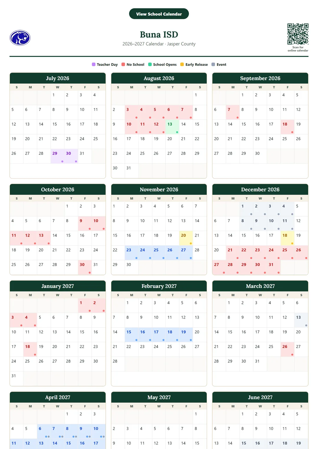 Buna ISD printable 2026–2027 calendar