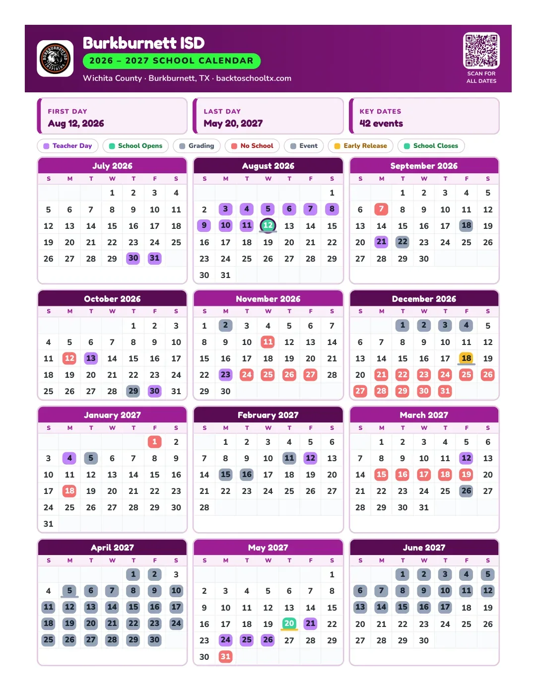 Burkburnett ISD Calendar for the Year 26-27