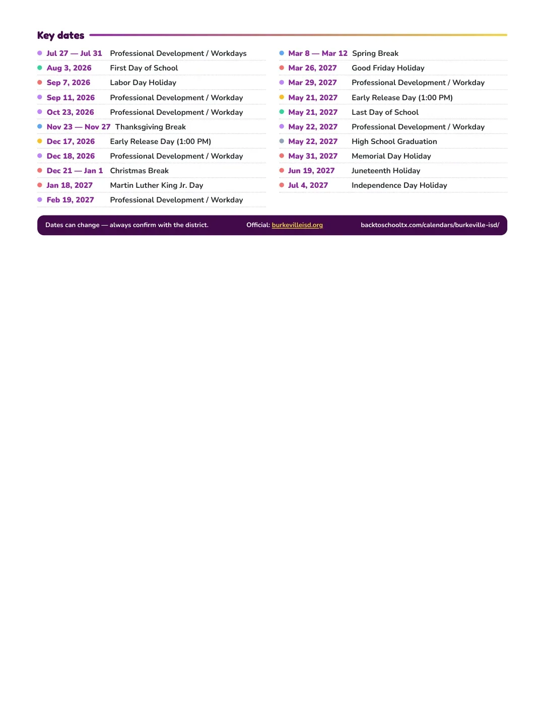 Burkeville ISD Calendar for the Year 26-27 — key dates