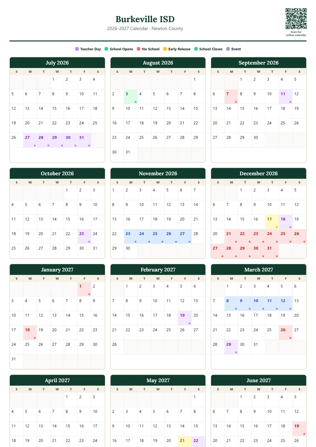 Burkeville ISD printable 2026–2027 calendar