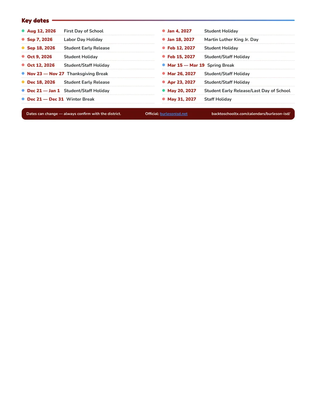 Burleson ISD Calendar for the Year 26-27 — key dates