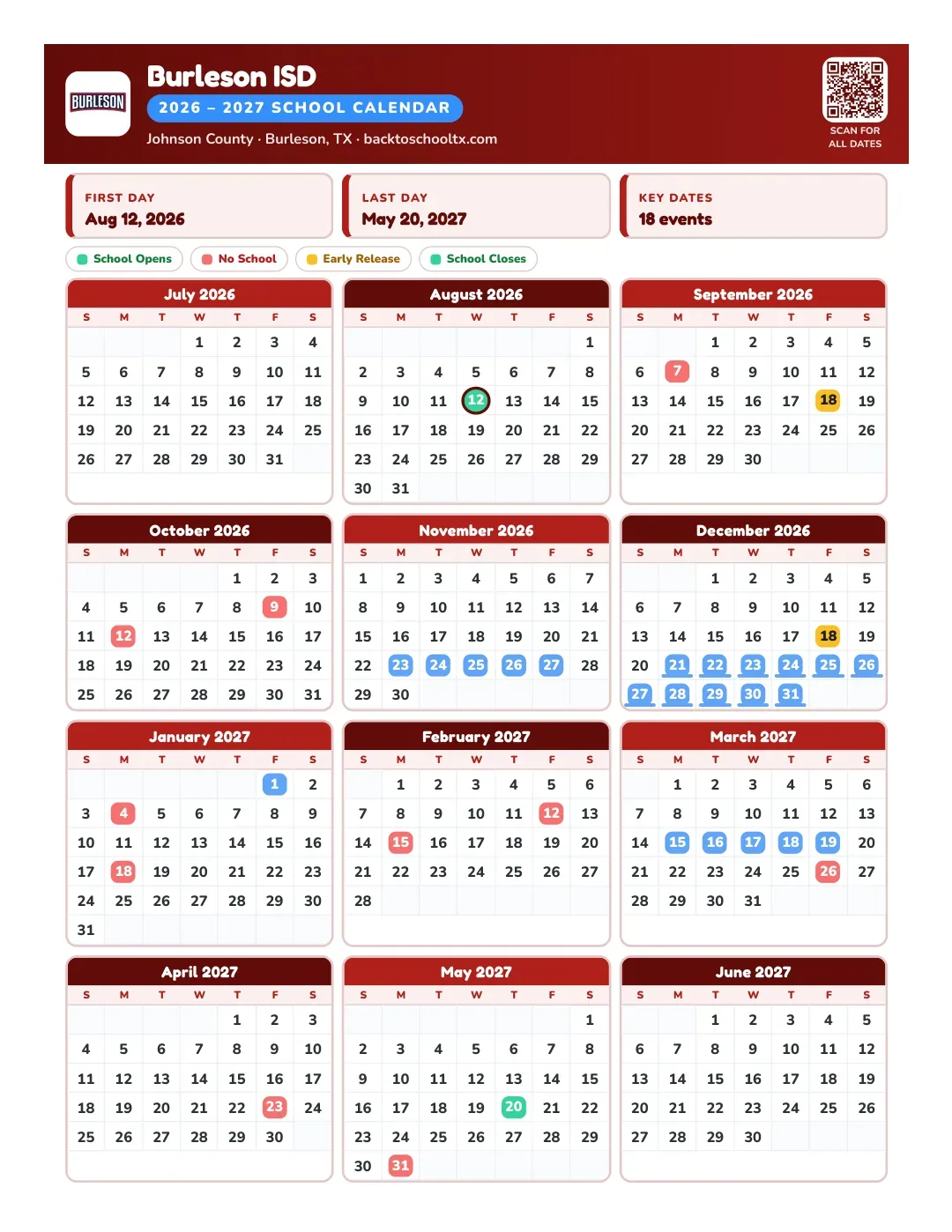 Burleson ISD Calendar for the Year 26-27