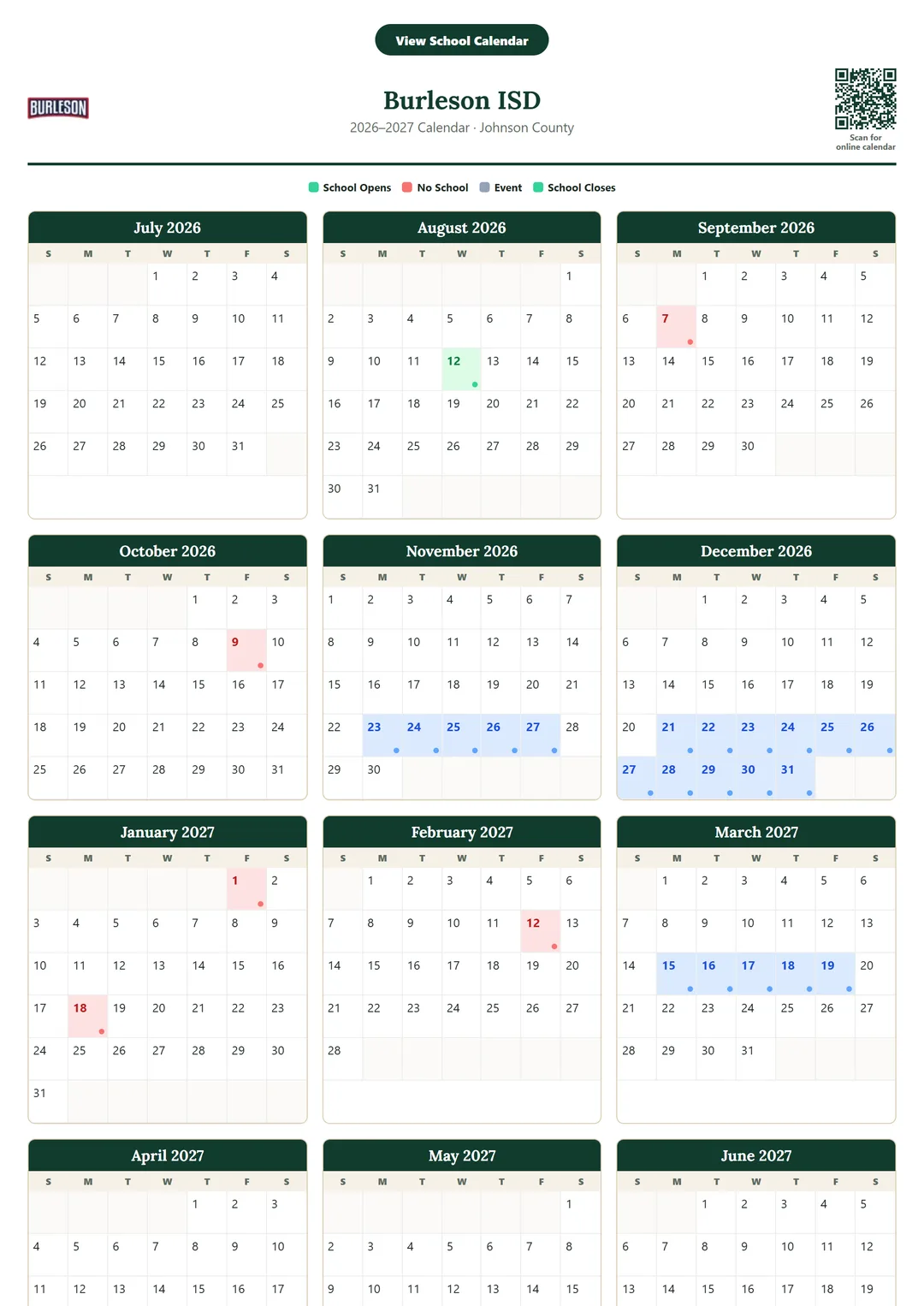 Burleson ISD printable 2026–2027 calendar