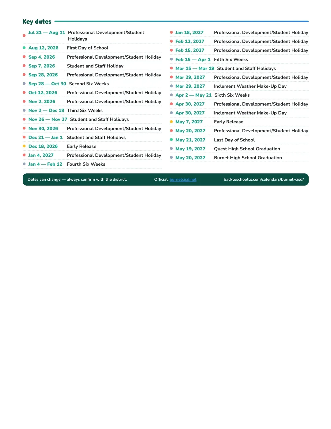 Burnet CISD Calendar for the Year 26-27 — key dates