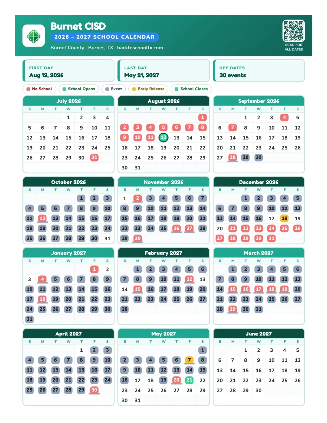 Burnet CISD Calendar for the Year 26-27