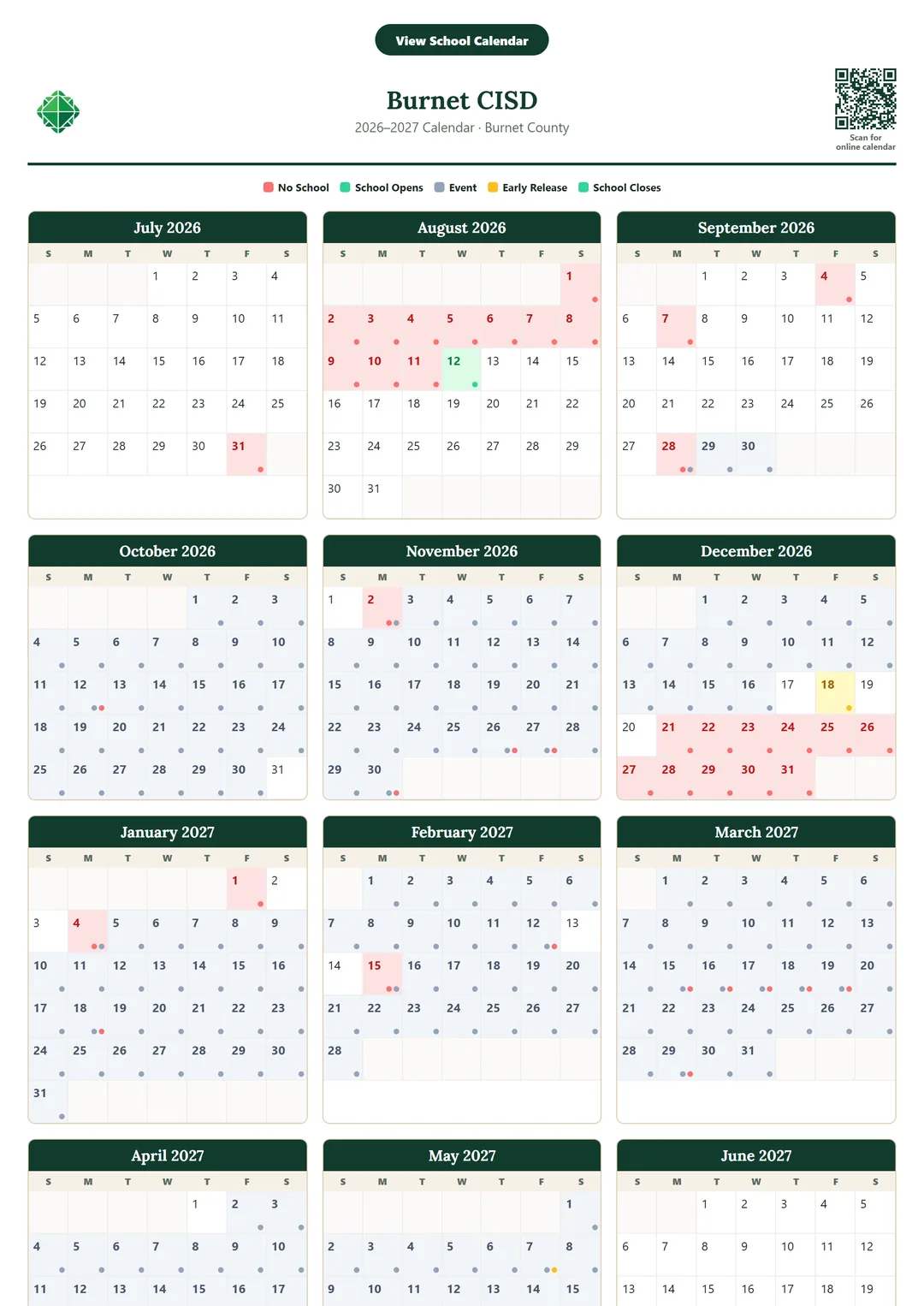Burnet CISD printable 2026–2027 calendar
