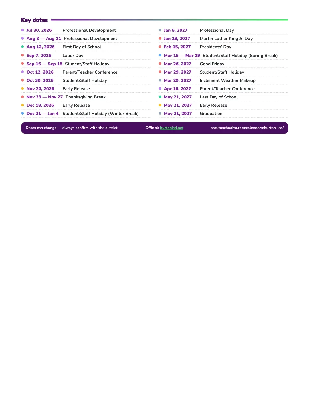 Burton ISD Calendar for the Year 26-27 — key dates