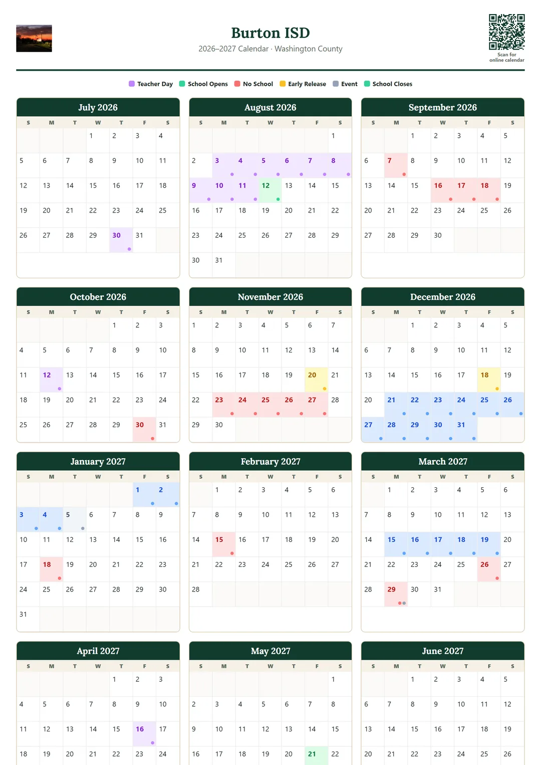 Burton ISD printable 2026–2027 calendar